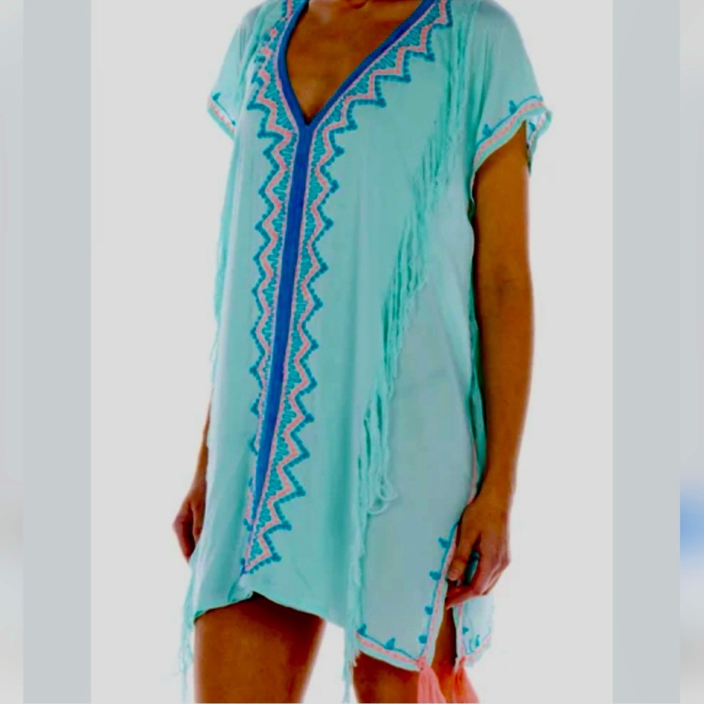 Z&L Aqua and Pink Zigzag Embroidered Swim Coverup